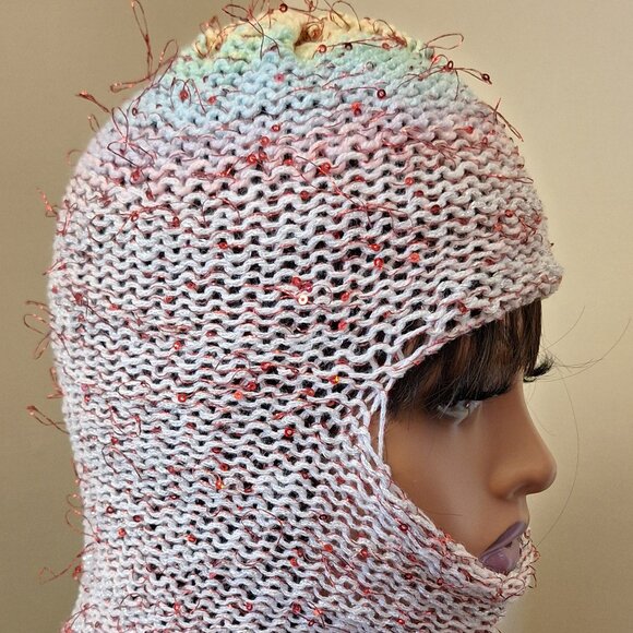 Pink  Balaclava – Sequin Knit Hood – Tinsel Riot – Handmade 1/1 Avantgarde Mask - Picture 5 of 6
